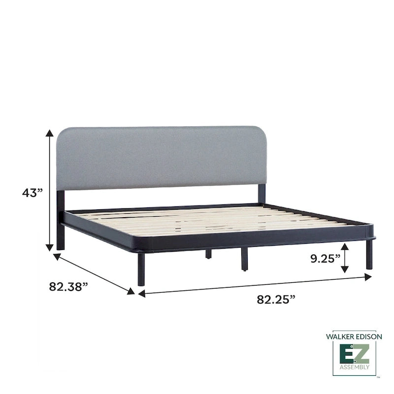 Lit plate-forme King en bois massif avec tête de lit incurvée rembourrée, noir et chêne