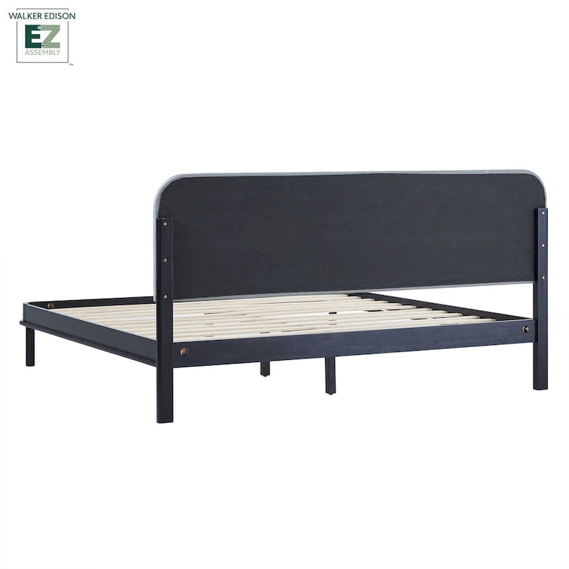 Lit plate-forme King en bois massif avec tête de lit incurvée rembourrée, noir et chêne