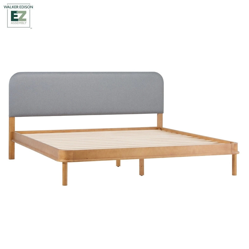 Lit plate-forme King en bois massif avec tête de lit incurvée rembourrée, noir et chêne