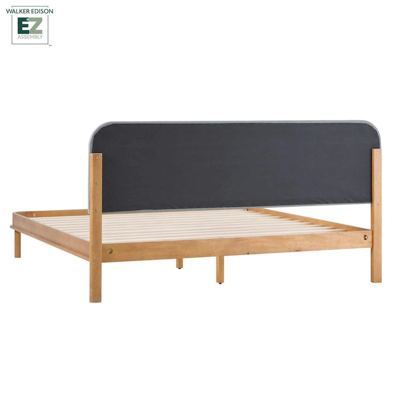 Lit plate-forme King en bois massif avec tête de lit incurvée rembourrée, noir et chêne
