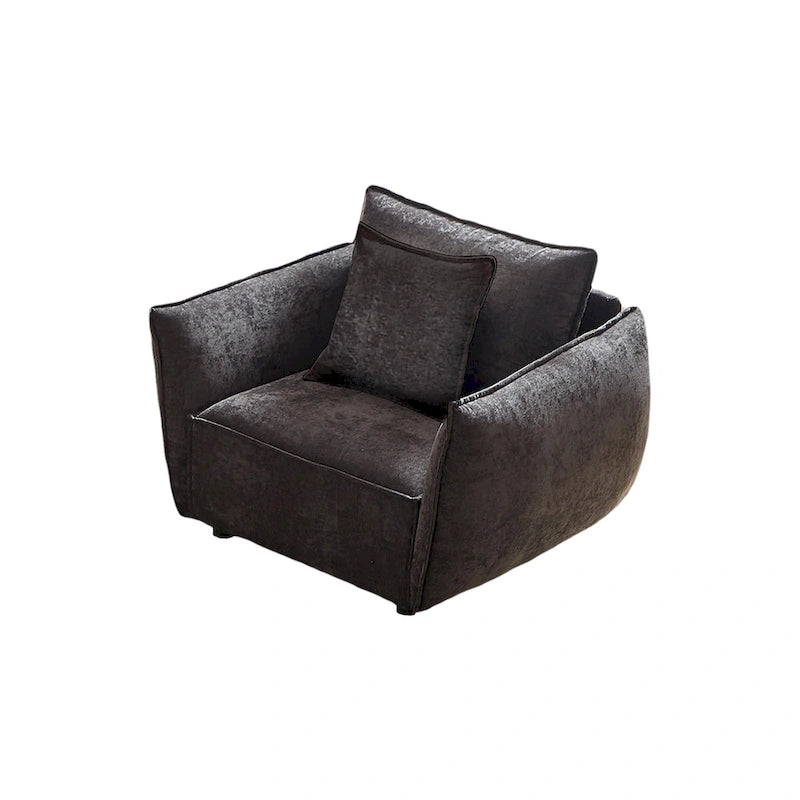 Fauteuil d'appoint en chenille noire avec coussins décoratifs, assise large et foncée