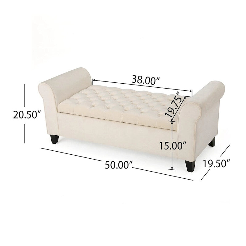 Banc de rangement ottoman rembourré avec couvercle capitonné et accoudoirs roulés
