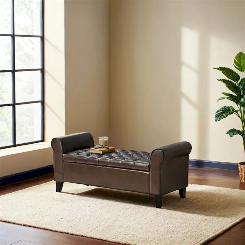 Banc de rangement ottoman rembourré avec couvercle capitonné et accoudoirs roulés