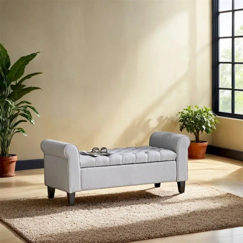 Banc de rangement ottoman rembourré avec couvercle capitonné et accoudoirs roulés