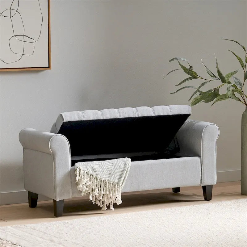 Banc de rangement ottoman rembourré avec couvercle capitonné et accoudoirs roulés