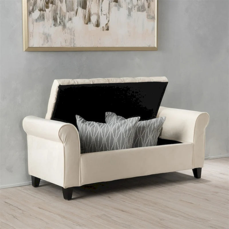 Banc de rangement ottoman rembourré avec couvercle capitonné et accoudoirs roulés
