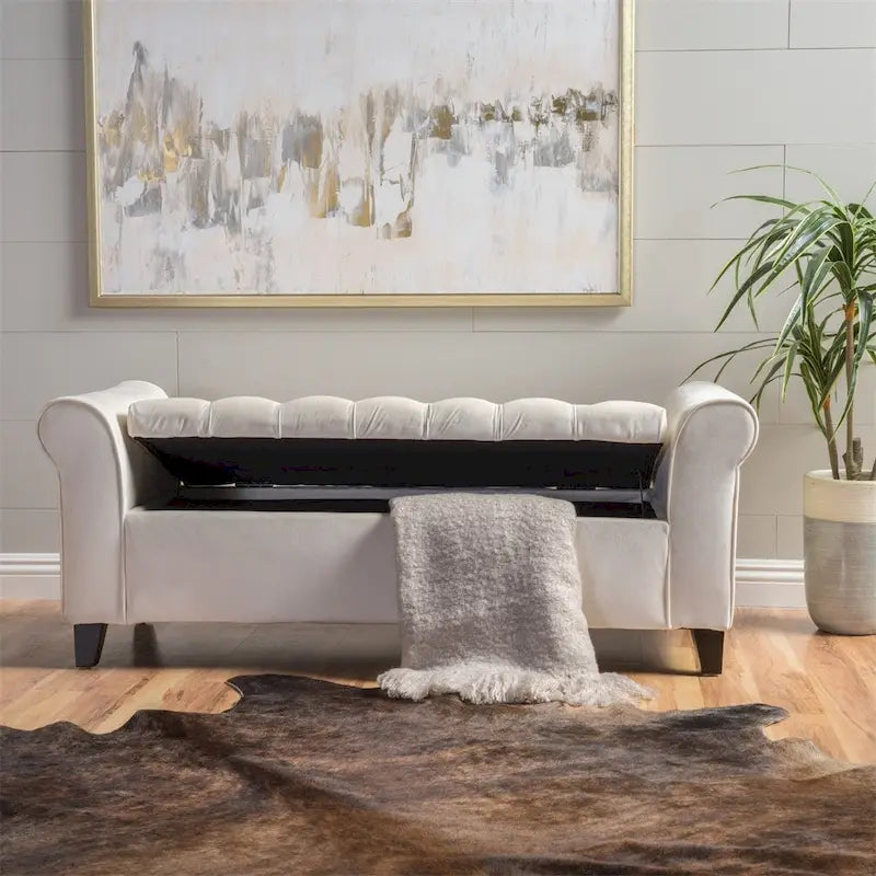 Banc de rangement ottoman rembourré avec couvercle capitonné et accoudoirs roulés