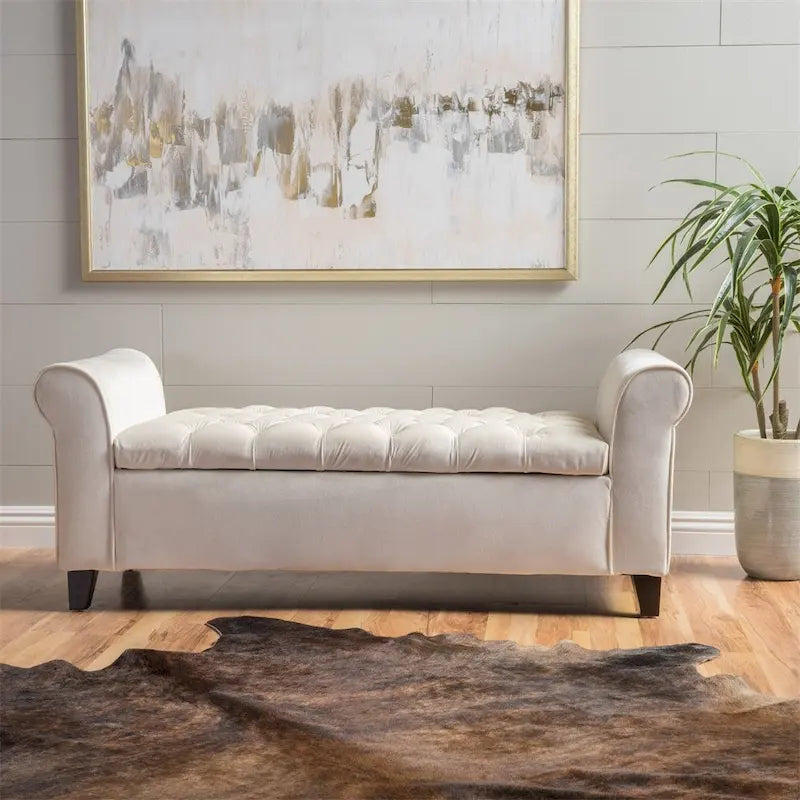 Banc de rangement ottoman rembourré avec couvercle capitonné et accoudoirs roulés