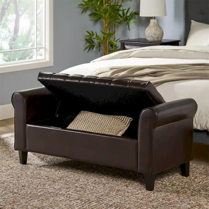 Banc de rangement ottoman rembourré avec couvercle capitonné et accoudoirs roulés