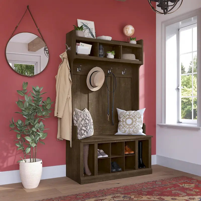 Arbre d'entrée de 40 W avec patères, banc de rangement à chaussures et étagères ouvertes