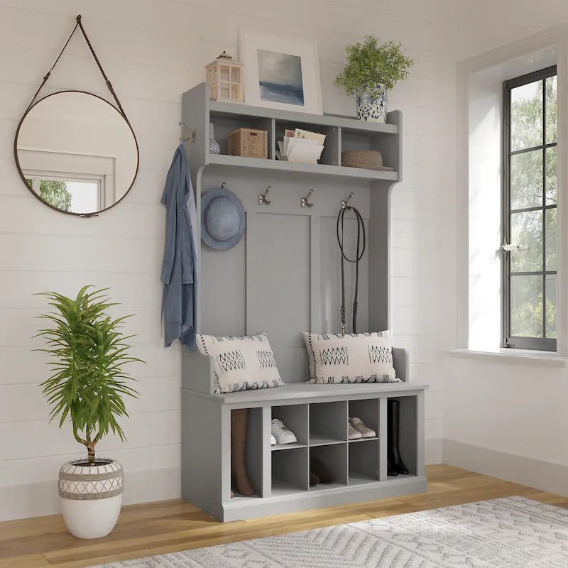 Arbre d'entrée de 40 W avec patères, banc de rangement à chaussures et étagères ouvertes
