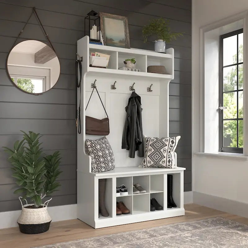 Arbre d'entrée de 40 W avec patères, banc de rangement à chaussures et étagères ouvertes