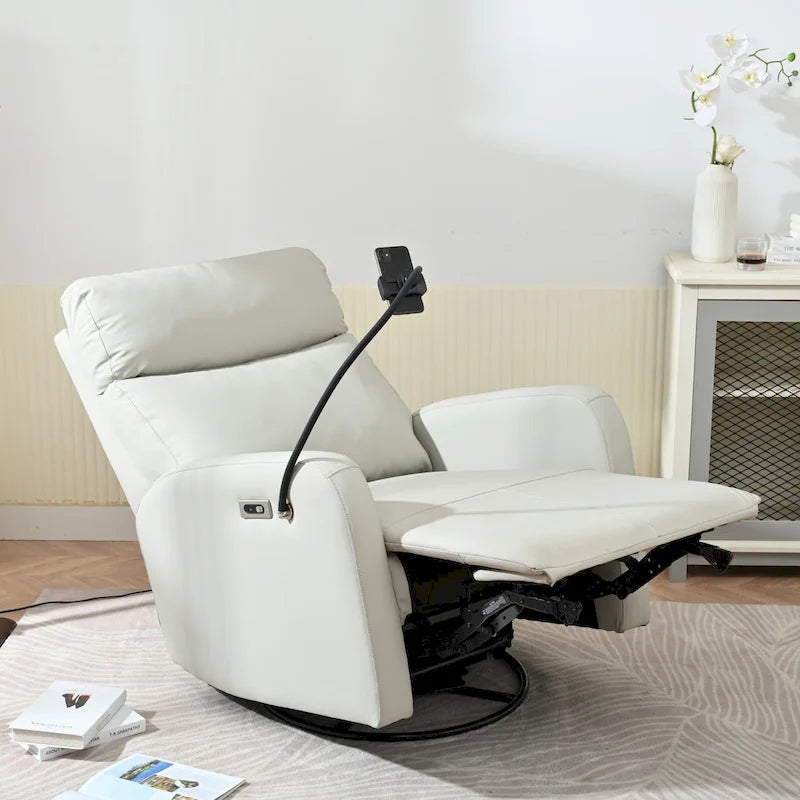 Fauteuil inclinable électrique pivotant et berçant gris clair avec port USB et support de téléphone