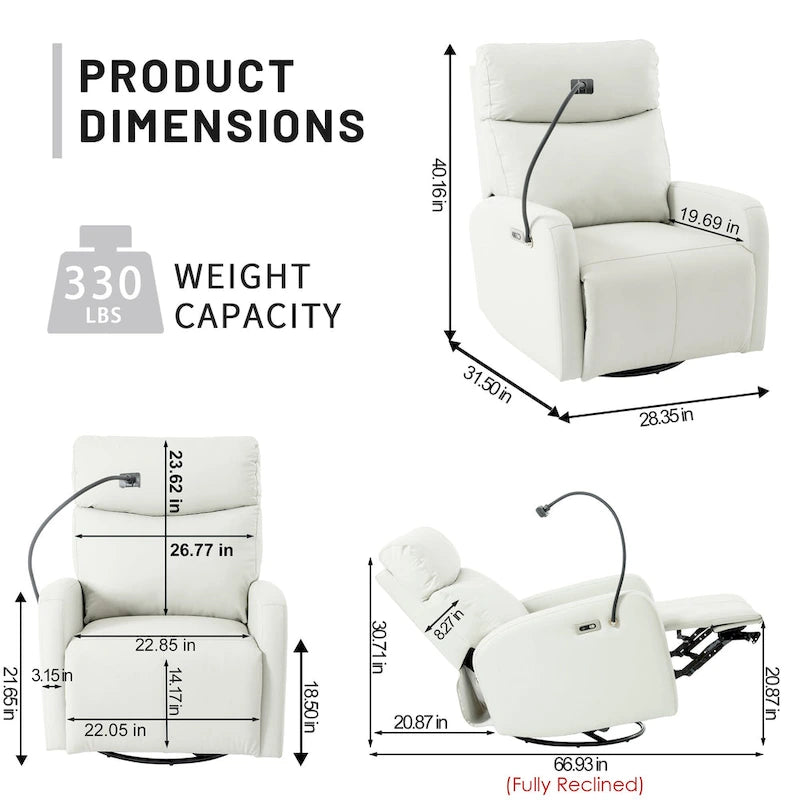 Fauteuil inclinable électrique pivotant et berçant gris clair avec port USB et support de téléphone
