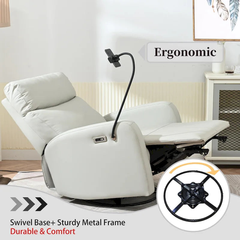 Fauteuil inclinable électrique pivotant et berçant gris clair avec port USB et support de téléphone