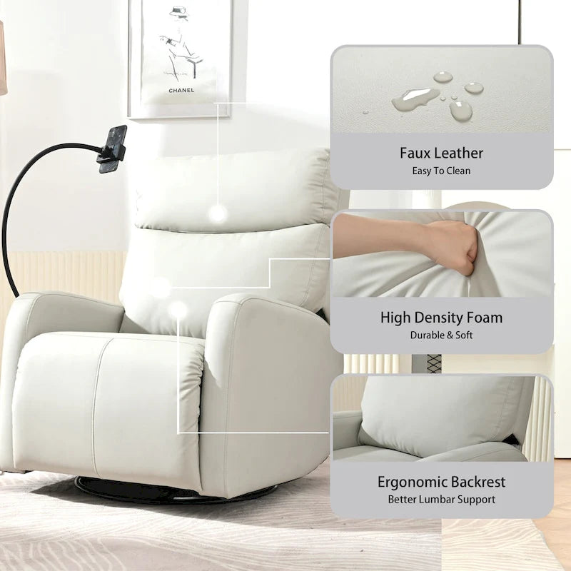 Fauteuil inclinable électrique pivotant et berçant gris clair avec port USB et support de téléphone