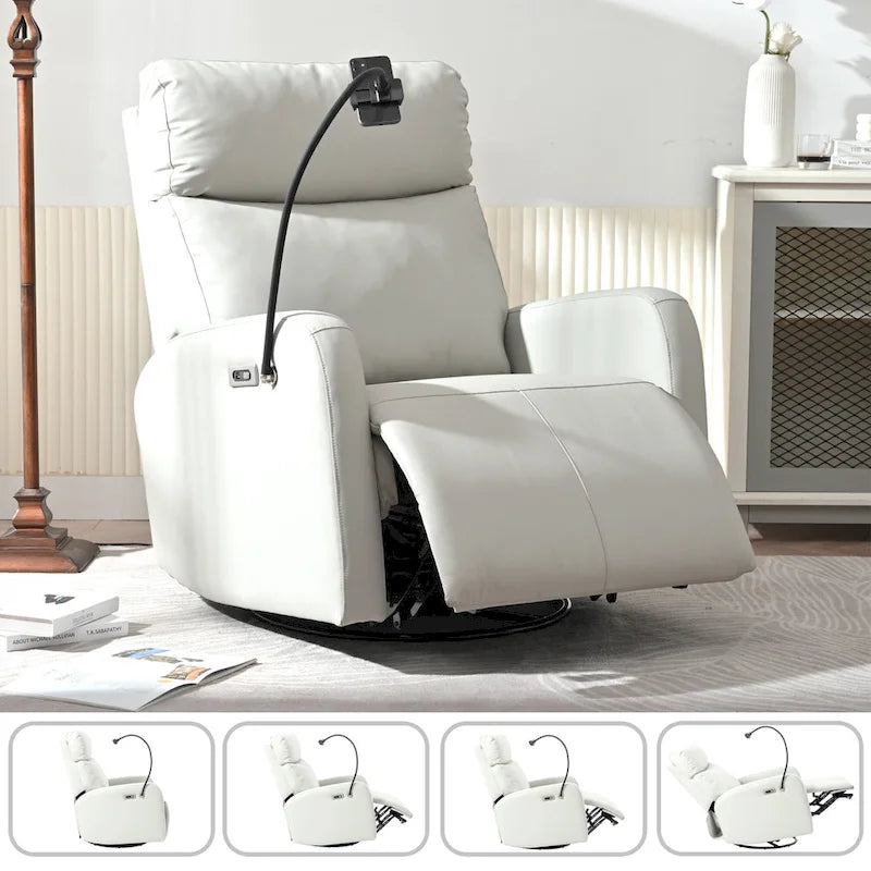 Fauteuil inclinable électrique pivotant et berçant gris clair avec port USB et support de téléphone