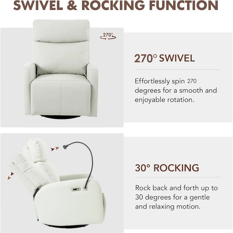 Fauteuil inclinable électrique pivotant et berçant gris clair avec port USB et support de téléphone