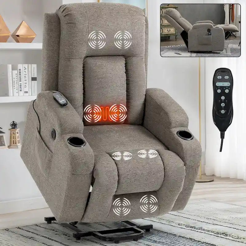 Fauteuil inclinable releveur électrique avec massage, chaleur et porte-gobelets, marron