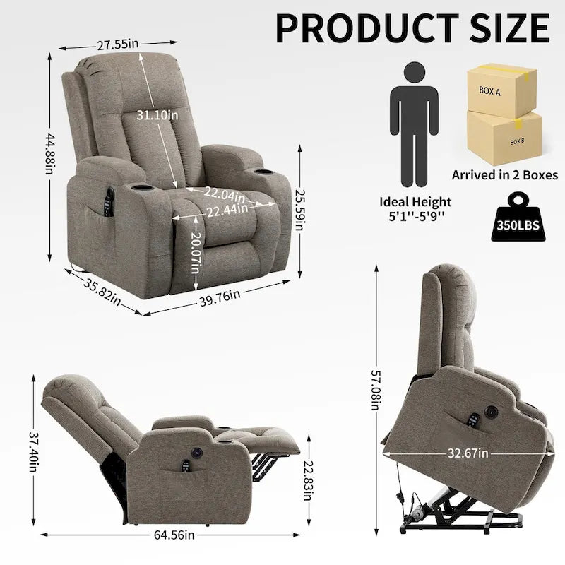 Fauteuil inclinable releveur électrique avec massage, chaleur et porte-gobelets, marron