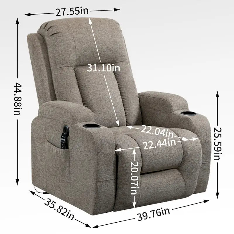 Fauteuil inclinable releveur électrique avec massage, chaleur et porte-gobelets, marron