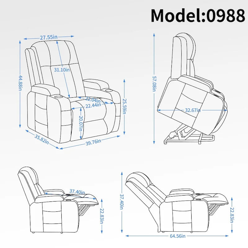 Fauteuil inclinable releveur électrique avec massage, chaleur et porte-gobelets, marron