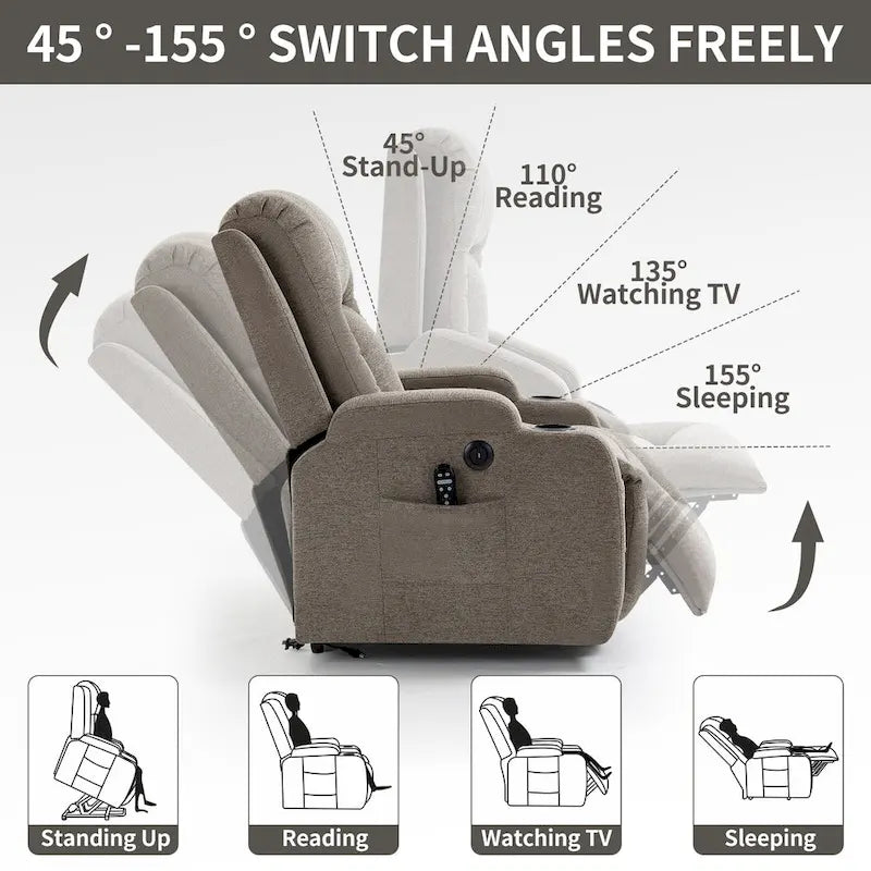 Fauteuil inclinable releveur électrique avec massage, chaleur et porte-gobelets, marron