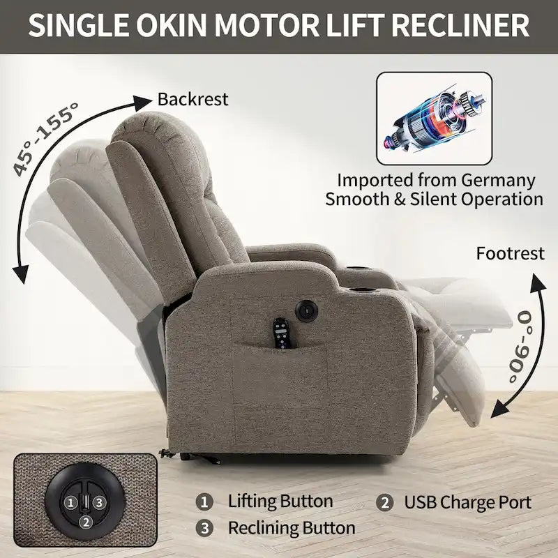 Fauteuil inclinable releveur électrique avec massage, chaleur et porte-gobelets, marron