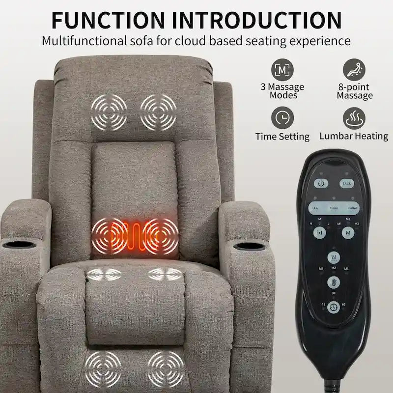 Fauteuil inclinable releveur électrique avec massage, chaleur et porte-gobelets, marron