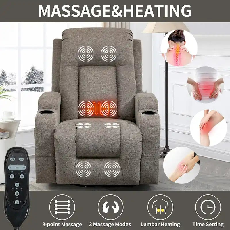 Fauteuil inclinable releveur électrique avec massage, chaleur et porte-gobelets, marron