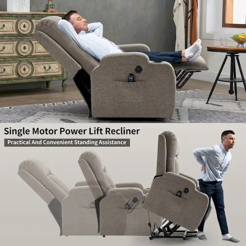 Fauteuil inclinable releveur électrique avec massage, chaleur et porte-gobelets, marron