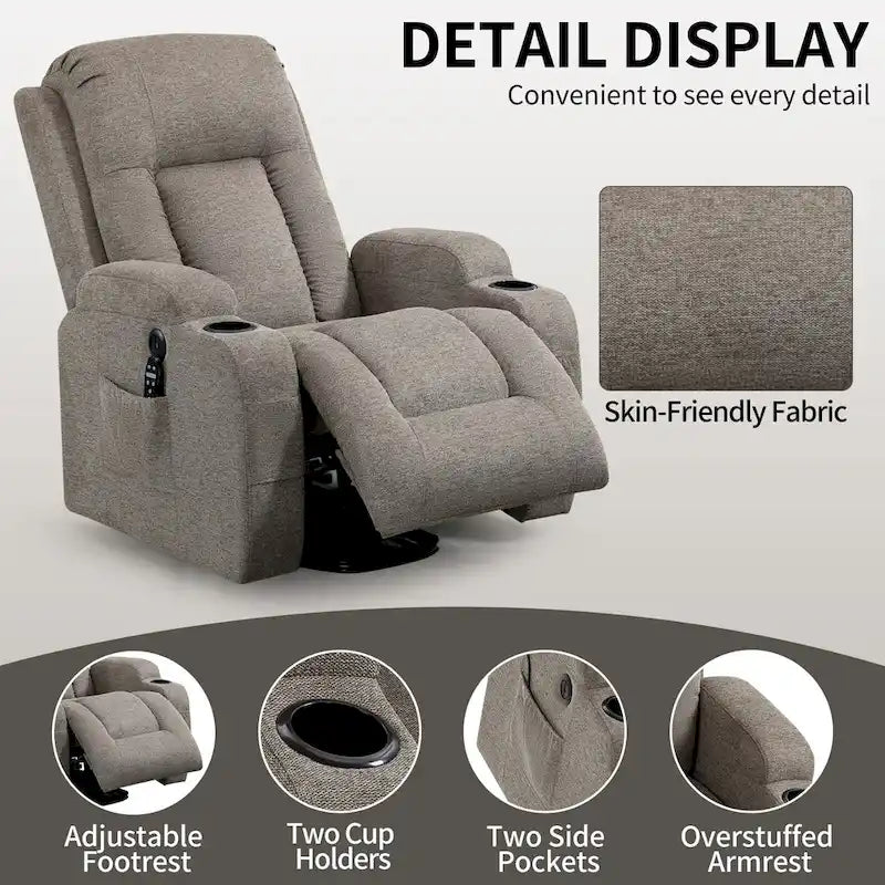 Fauteuil inclinable releveur électrique avec massage, chaleur et porte-gobelets, marron