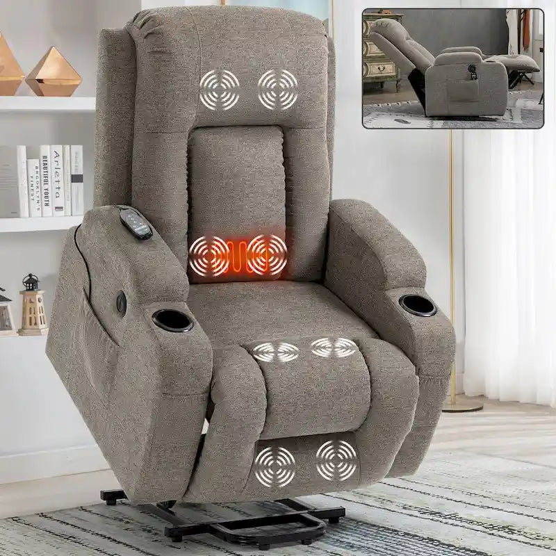 Fauteuil inclinable releveur électrique avec massage, chaleur et porte-gobelets, marron