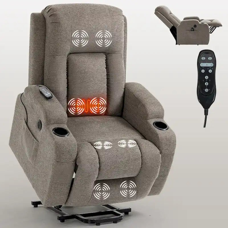 Fauteuil inclinable releveur électrique avec massage, chaleur et porte-gobelets, marron