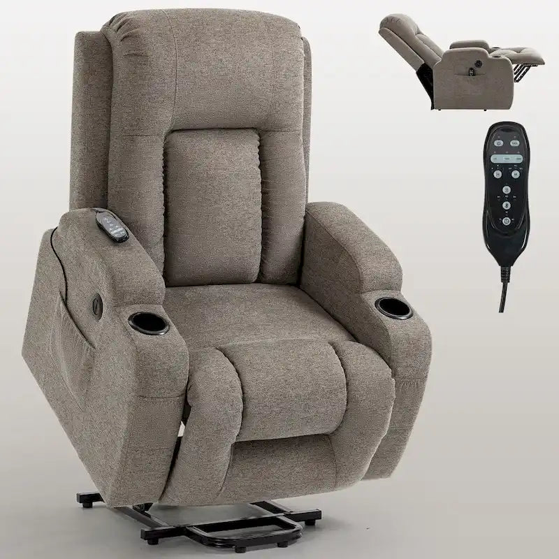 Fauteuil inclinable releveur électrique avec massage, chaleur et porte-gobelets, marron