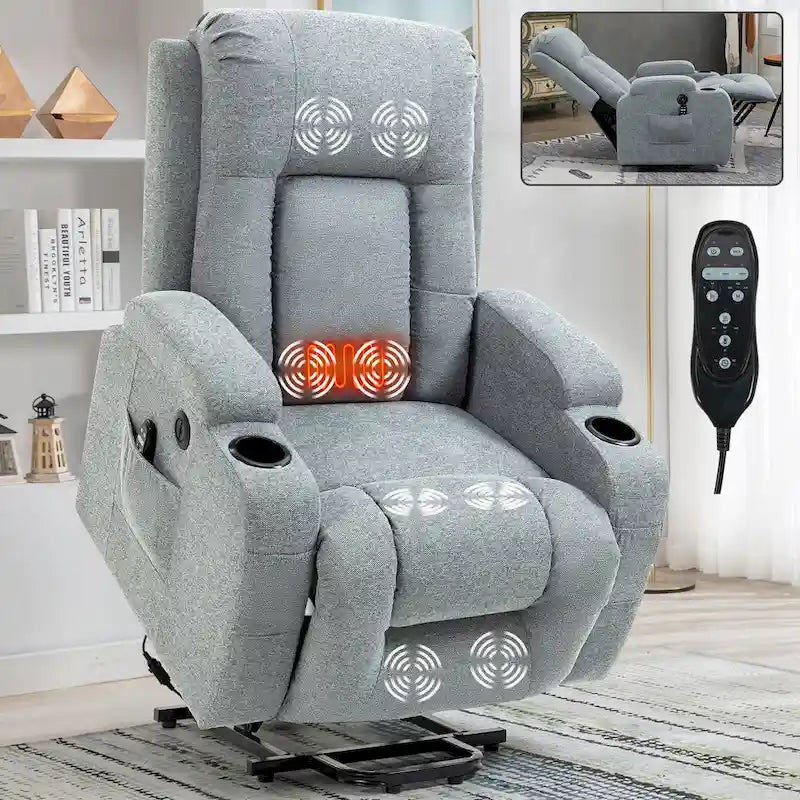 Fauteuil inclinable releveur électrique avec massage, chaleur et porte-gobelets, marron