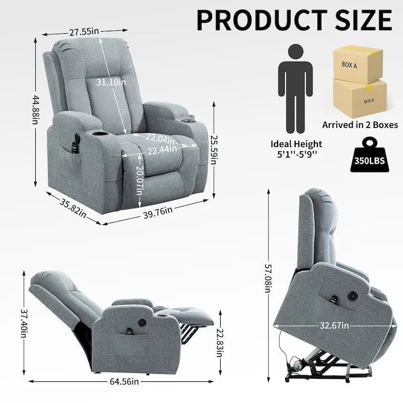 Fauteuil inclinable releveur électrique avec massage, chaleur et porte-gobelets, marron