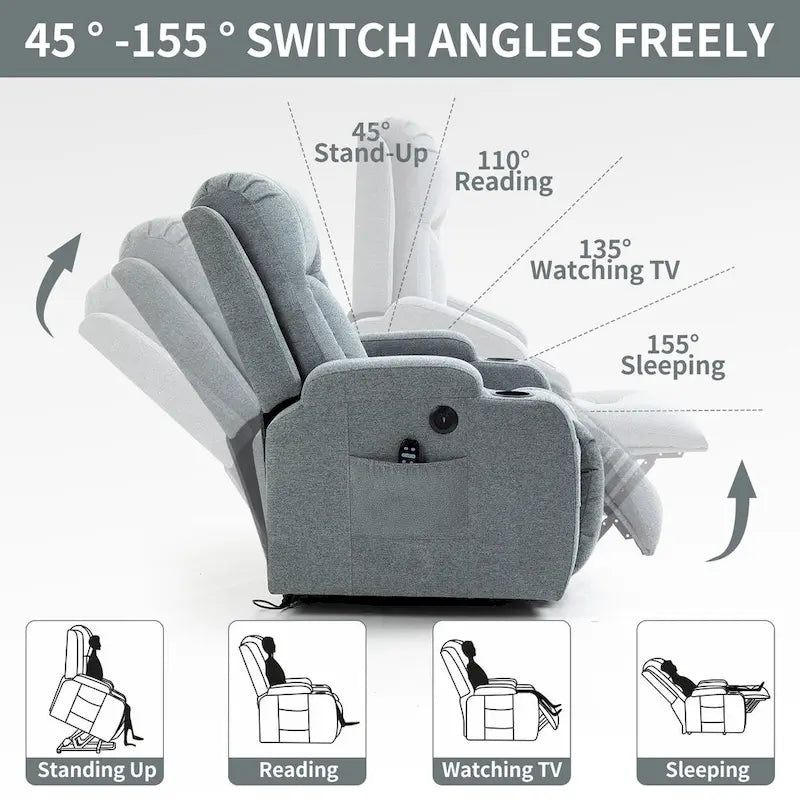 Fauteuil inclinable releveur électrique avec massage, chaleur et porte-gobelets, marron