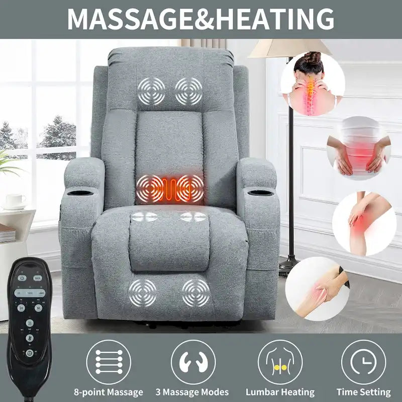 Fauteuil inclinable releveur électrique avec massage, chaleur et porte-gobelets, marron