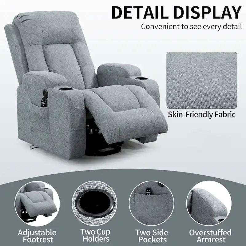 Fauteuil inclinable releveur électrique avec massage, chaleur et porte-gobelets, marron