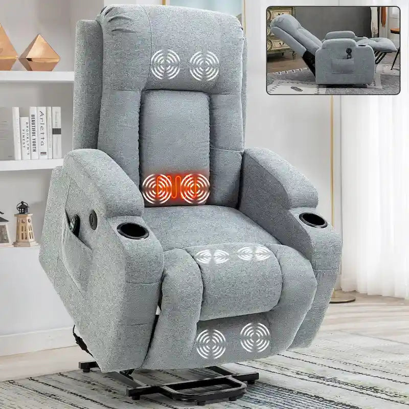 Fauteuil inclinable releveur électrique avec massage, chaleur et porte-gobelets, marron