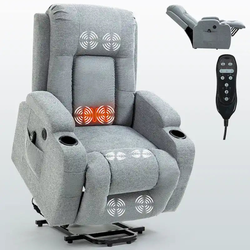 Fauteuil inclinable releveur électrique avec massage, chaleur et porte-gobelets, marron