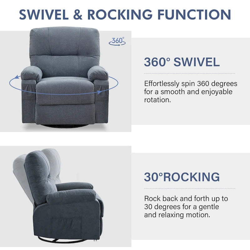 Fauteuil inclinable en tissu pivotant à 360° avec repose-pieds escamotable et poches latérales