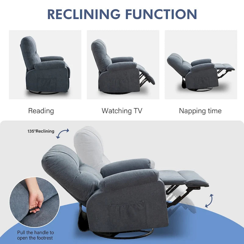 Fauteuil inclinable en tissu pivotant à 360° avec repose-pieds escamotable et poches latérales