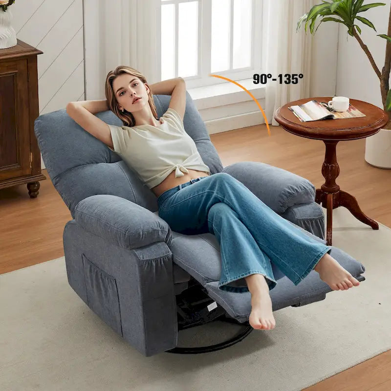Fauteuil inclinable en tissu pivotant à 360° avec repose-pieds escamotable et poches latérales