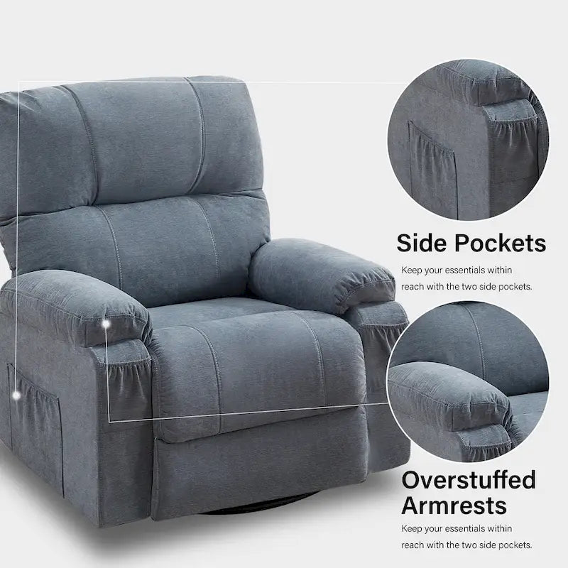 Fauteuil inclinable en tissu pivotant à 360° avec repose-pieds escamotable et poches latérales