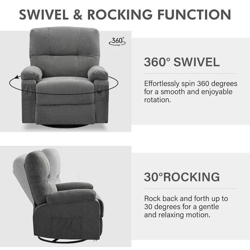 Fauteuil inclinable en tissu pivotant à 360° avec repose-pieds escamotable et poches latérales