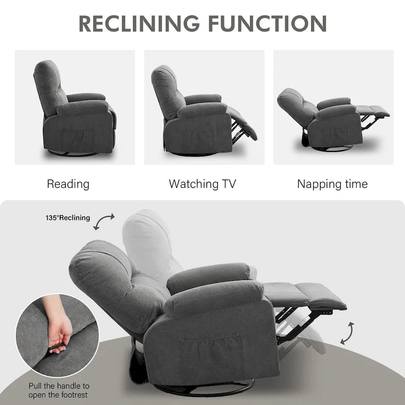 Fauteuil inclinable en tissu pivotant à 360° avec repose-pieds escamotable et poches latérales