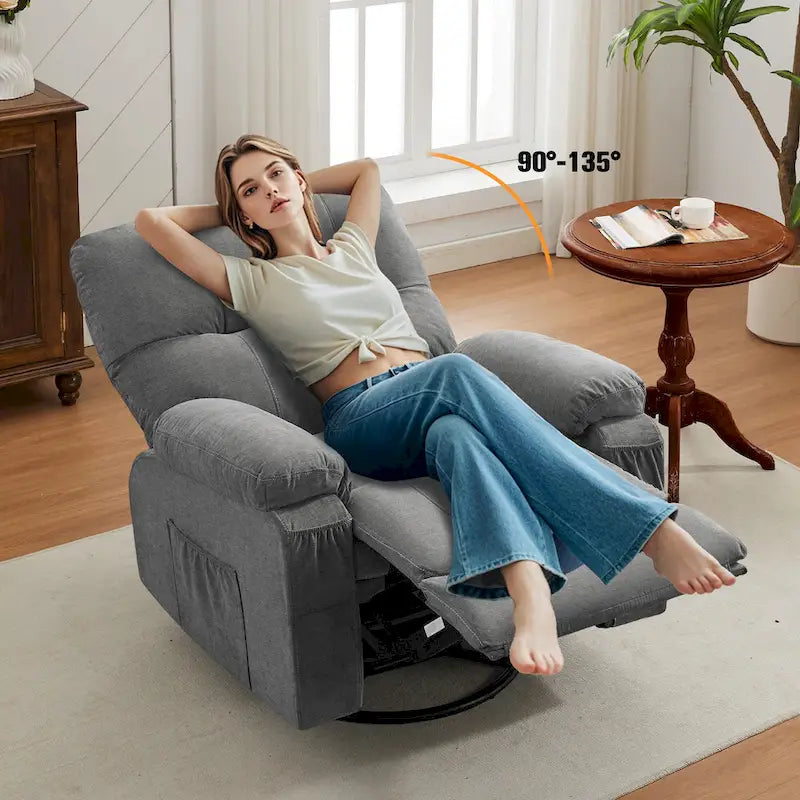 Fauteuil inclinable en tissu pivotant à 360° avec repose-pieds escamotable et poches latérales