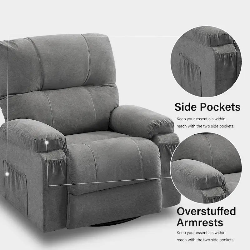 Fauteuil inclinable en tissu pivotant à 360° avec repose-pieds escamotable et poches latérales